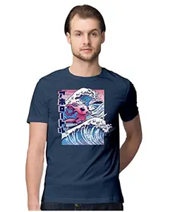 ALLEN BLACK Men's Regular Fit T-Shirt Japanese Aolotl Vaporwave Surfing 100% Cotton T-Shirt Navy Blue_JAPAXOLOTLS-Navy Blue M Men Round_