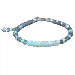 LKBEADS Labradorite & Ethiopian Welo Opal bracelet with Silver clasp - 3.5-4mm Rondelle beads- Faceted Cut -7 Inch Bracelet– Healing, Fashion, Gift, Spiritual, Yoga|LK_STACK_07950