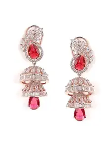 Priyaasi Floral Ruby Stoned American Diamond Jhumkis Floral Style Rosegold Plated Earrings - Sophisticated & Unique Craftsmanship