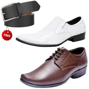 Aadab Trendy Formal Shoes/Party Shoes/ 2 Shoes Combo with Free Belt for Men and Boys (BAZAAR8036_VTR-401-Wht) Multicolor