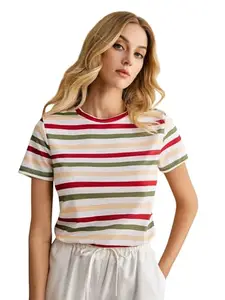 Toochki Tops for Woman | Spandex Top | T-Shirt | Tshirt | Western | for Jeans | Short Sleeve | Stretchable | Striped Printed Red-Green