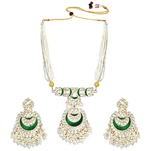 Peora Traditional Gold Plated Kundan Pearl Green Necklace With Earring Traditional Jewellery Set for Women Girls