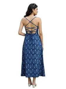 Aahwan White Printed Round Neck Sleeveless Backless Long Indo Western Fusion Dress for Women's & Girl's