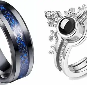 Men Valentine Smart Temperature Combo Ring Silver & Black (IR6350)