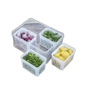 Fridge Storage Organizer Box Set for Vegetable | Drain Cup 4 in 1 Grid Removable Fridge Storage Boxes for Chopped Vegetables |Design - 539 Food Storage Containers