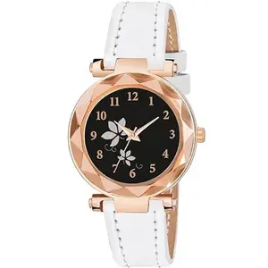 SF Collection Alluring Analogue Flower Butterfly Black Dial Leather Strap Graceful Stylish Wrist Watch for Women and Girls (White)
