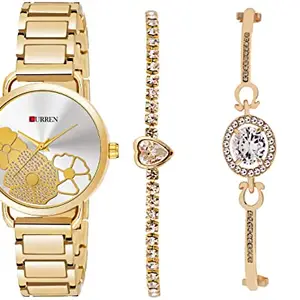 CURREN Ladies Wrist Watch with Matching Bangles for Women and Girls (3853-Gold-White-Flower+JW-15&17)
