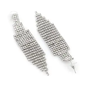 Accessher Silver Plated Statement Sparkling and Dazzling Rhinestones Embedded Tassels Dangle Earrings with Push Back Closure for Women and Girls