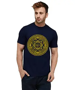 Caseria Men's Round Neck Cotton Half Sleeved T-Shirt with Printed Graphics - Buddhist Mandala (Navy Blue, XL)