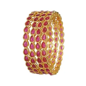 Traditional Gold-Plated Red Stone Bangles for Women | Elegant Teardrop Design Antique Jewelry Set of 4 (2.6)