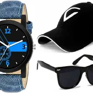 GIFFEMANS GFMN1291 Analog Black Dial Blue Strap Watch with Sunglass and Cap for Boys (Combo of 3)