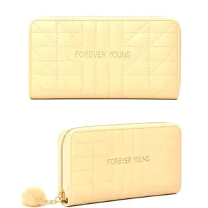 Forever Young Quilted Wallet with Pom Pom, Beige, Multi-Compartment Design with Zip Closure Multi-Compartment Purse, Stylish Travel Wallet