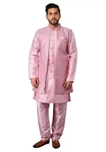 PAREHA PAREHA Silk Men's Regular Full Sleeve Mandrian Collar Kurta Pyjama With Sleeveless Jacket | Birthday,Wedding, Ceremony, Casual, Engagement (44_Pink) |390