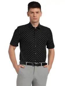 Turtle Men Cotton Linen Printed Regular Fit Black Formal Shirt