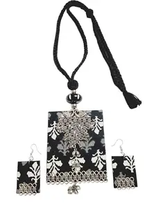 Traditional Jewelry German Oxidized Silver Peacock Pendant Square Design Black Adjustable Long Chain Ajrakh Print Cloth Peacock Necklace for Women and Girls