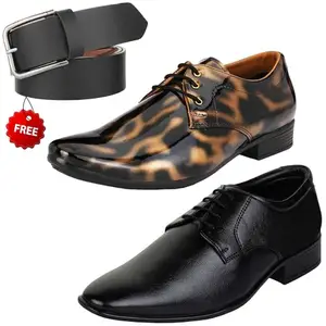 Graceful Formal Shoes/Party Shoes/ 2 Shoes Combo with Free Belt for Men and Boys (BAZAAR7665_VTR01-Blk-Gld-301-Blk) Multicolor