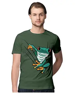 ALLEN BLACK Men's Regular Fit T-Shirt Cute Green Frog Peeping 100% Cotton T-Shirt Olive Green_PEEPFROGRN-Olive Green XL Men Round_