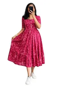 Women's Pink Tiered Maxi Dress, Short Sleeve, Floral Print, Button Front, A-Line Silhouette (in, Alpha, S)