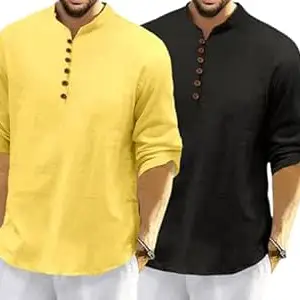 FINIVO FASHION Combo of Men’s Casual Full Sleeve Kurta Style Shirt with Button Placket, Lightweight Breathable Fabric, Regular Fit Ethnic Fusion Wear for Daily & Festive Use Pack of 2