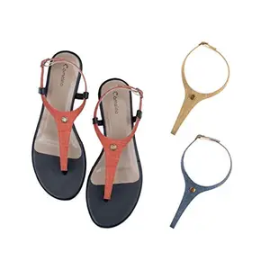 Cameleo -changes with You! Women's Plural T-Strap Slingback Flat Sandals | 3-in-1 Interchangeable Strap Set | Red-Olive-Green-Dark-Blue