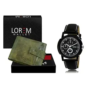 LOREM Combo of Black Wrist Watch & Green Color Artificial Leather Wallet (Fz-Wl22-Lr13)