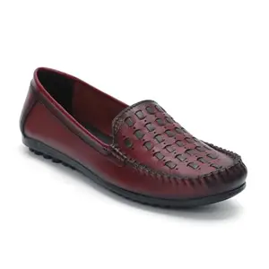 Zoom Shoes Genuine Burnished Leather Checked Bellies for Women and Girls ZMTX-15 | Anti-Slip Sole and Memory Cushion Padded Insole for Complete Arch Support (Cherry, 6)