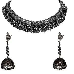 Total Fashion Latest Stylish Boho Trible Black Metal Oxidised Choker Necklace Jewellery Set Women for Girls
