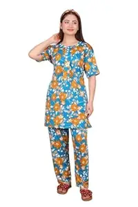 LADYGRAM Plus Size Women Floral Print Night Suit Set 3XL 4XL, Long Length Cotton Malai Fabric Nightwear for Ladies, Soft Breathable Summer Sleepwear & Lounge Wear