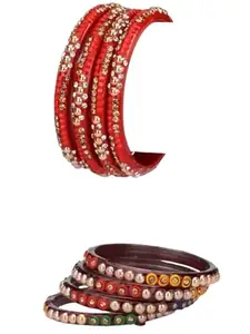 1st Time Modern Bangles/Kada Set- Perfect For Party, Wedding, Celebrations And Functions, Combo Of 2 Set, Each Set In Set 4 Bangles, Red And Multicolor - B70