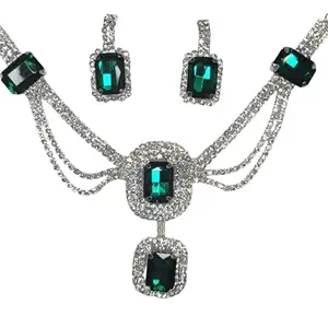illusion Crystal Necklace Set with Green Stones, American Diamond Studded Bridal Jewellery, Silver Tone (Green)