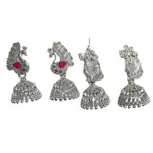 Metal Jhummkas Set, Radha Krishna and Black Peacock Design