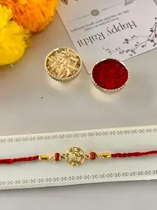 Vrunda Minimalist & Traditional Golden platted Om Rakhi with Rudraksh + Roli Chawal & Greeting Card |Premium American Diamond Rakhi for Brother | Gift