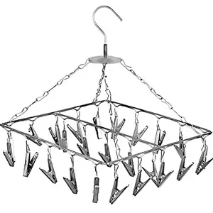 OGU 25 Clips Stainless Steel Square Cloth Hanger with Clip Clothes Pegs, Cloth Dryer, Cloth Drying Stand with Clips (Silver, Square)
