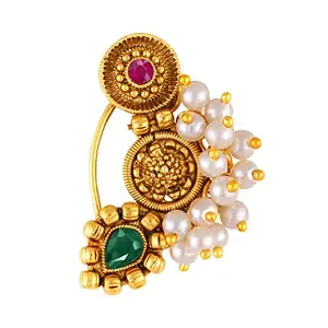 Vivastri Premium Gold Plated Nath Collection With Beautiful & Luxurious Multi Diamond Pearl Studded Maharashtraian Nath For Women & Girls-VIVA1168NTH-Press-Multi