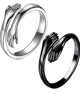 The Key House Stylish Hug Finger Ring for Men, Boys Women & Girl - Gift Promise Adjustable Ring (Silver & Black)