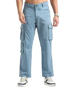 NEVER NEUD Men's Vintage Cargo Pants, Sylish Mid Rise Relaxed Fit Cargo for Men, 98% Cotton 2% Lycra, 6 Pocketered, Fixed Waist with Button, Blue Stone, 26