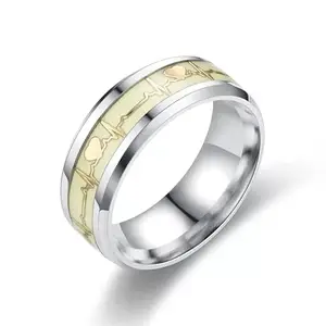 VIEN Trending Dark Luminous ECG Ring Stainless Steel Ring Promise Heartbeat Ring Glowing Jewelry for Men Women