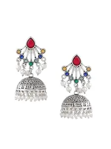Yellow Chimes Jhumka Earrings For Women Silver Oxidised Long Jhumka Earrings | Studded Stone Traditional Oxidised Silver Jhumki Earrings I Birthday Gift For Girls & Women Anniversary Gift for Wife