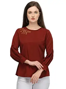 14 Fab Maroon Polyester Embellished Three-Quarter Sleeves Round Neck Women's and Girls Regular Top (PRW-1013-M)