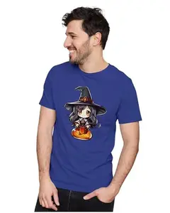ALLEN BLACK Men's & Women's Regular Fit T-Shirt Chibi Witch 100% Cotton Unise T-Shirt Royal Blue_CAPMAGUNX-Royal Blue 5XL Men Round_