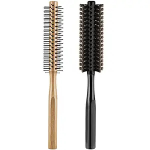 Geiserailie 2 Pieces Thick Round Hair Comb Bristle Round Hair Brush Blow Drying Hairbrush Small Brush Short Hair Massage Comb Head Massage Round Brush Roll Hairbrush for Wet or Dry Hair (Black, Wood Color)
