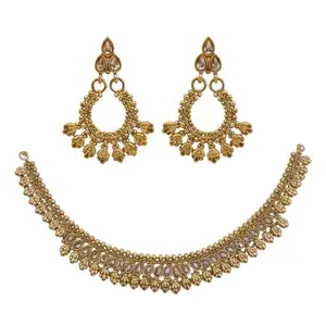 Traditional Polki Jewellery Set for Women | Gold Plated Necklace with Earrings | Adjustable Dori Closure | Bridal Wedding & Party Polki Necklace Earrings Set