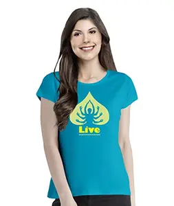 Pooplu Women's Regular Fit Live Yoga Cotton Graphic Printed Round Neck Half Sleeves Multicolour Yoga T-Shirt. Exercise & Gym Pootlu Tshirts.(Oplu_Turquoise_X-Large)