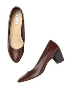ELLE Women's Coffee Brown Block Heel Pumps