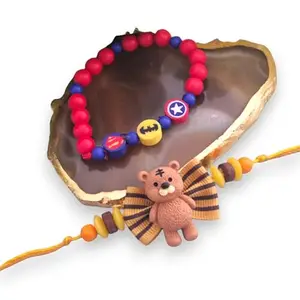 Ideaz unlimited Kids Rakhi Combo With Superhero Beads & Cute Teddy Bear | Pack of 2 with 1 Roli Chawal for Rakshabandhan Celebration (ID194)