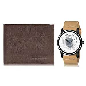LOREM Combo of Beige Wrist Watch & Brown Color Artificial Leather Wallet (Fz-Wl12-Lr68)