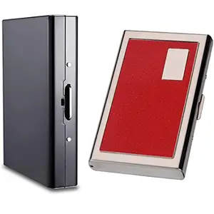 Stealodeal 6 Slot Red Leather with 8 Slot Black RFID Blocking (Unisex) Card Holder (Combo of 2)