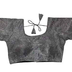 Glittery Dark Grey Lycra Short Sleeve Blouse, Tie-Back Design, Lycra Fabric Blouse for Women