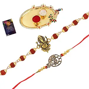 Rakhi Rudraksh Rakhi,With " BHAI" Designe With Roli Chawal And Greeting Card 1 Kankawati Pooja Thali -1028