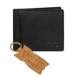 ABYS Genuine Leather Men's Black Wallet with Leather Owl Keyring Combo